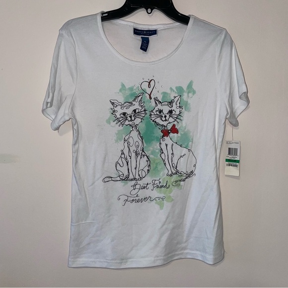 Karen Scott Petites White Best Friends Forever Cat Graphic Tee Size Petite Large - Picture 1 of 6